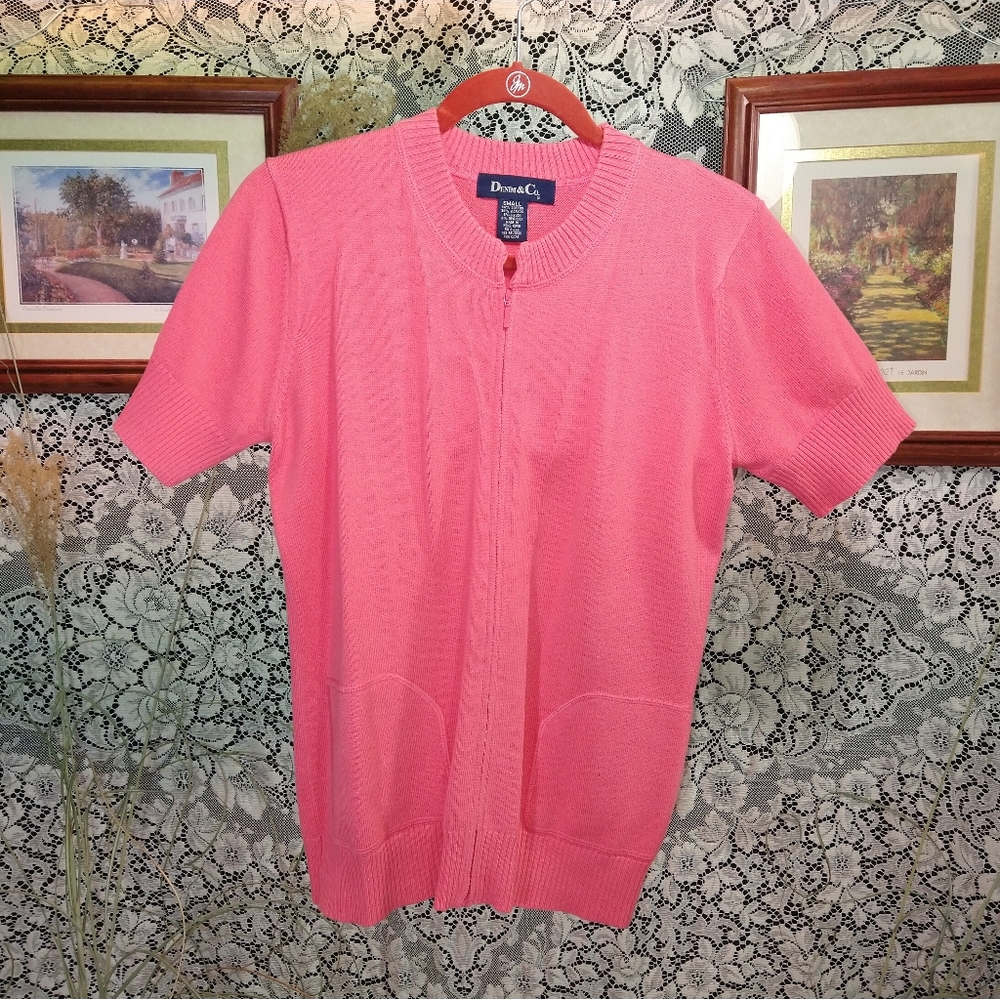 Denim&Co pink melon zip up short sleeve cardigan sweater top with pockets